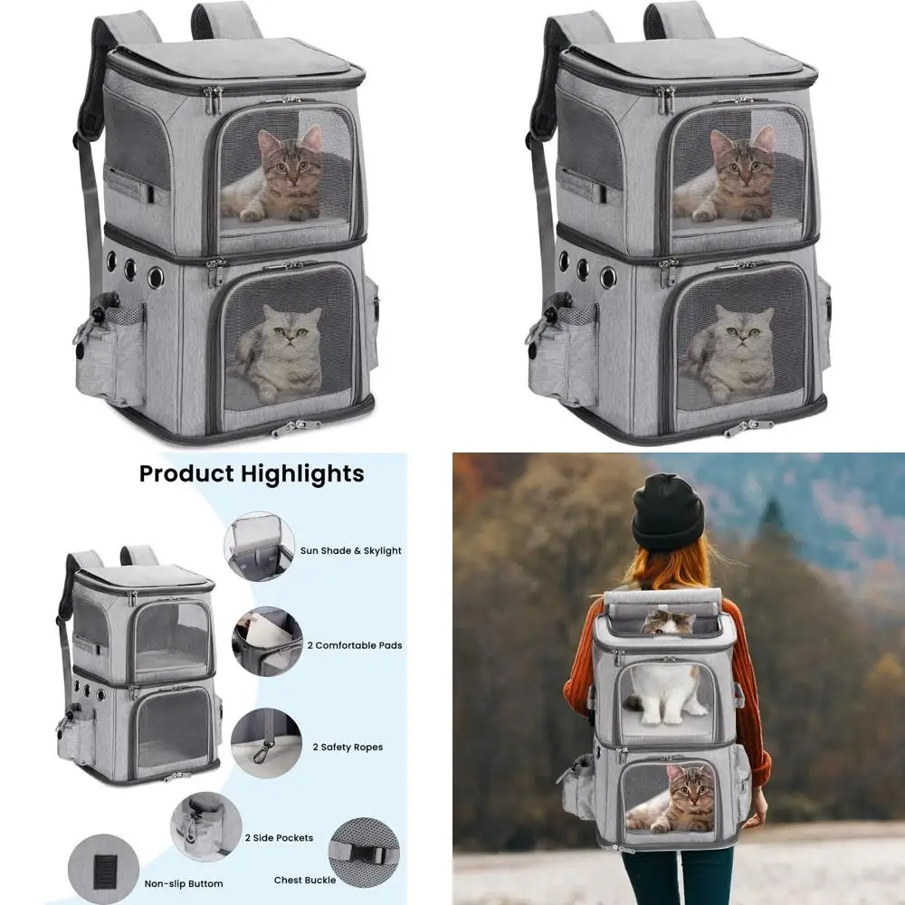 

Двухсекционная переноска-рюкзак для мелких животных, идеально подходит для перевозки двух кошек, идеальна для приключений на природе, серого цвета.
