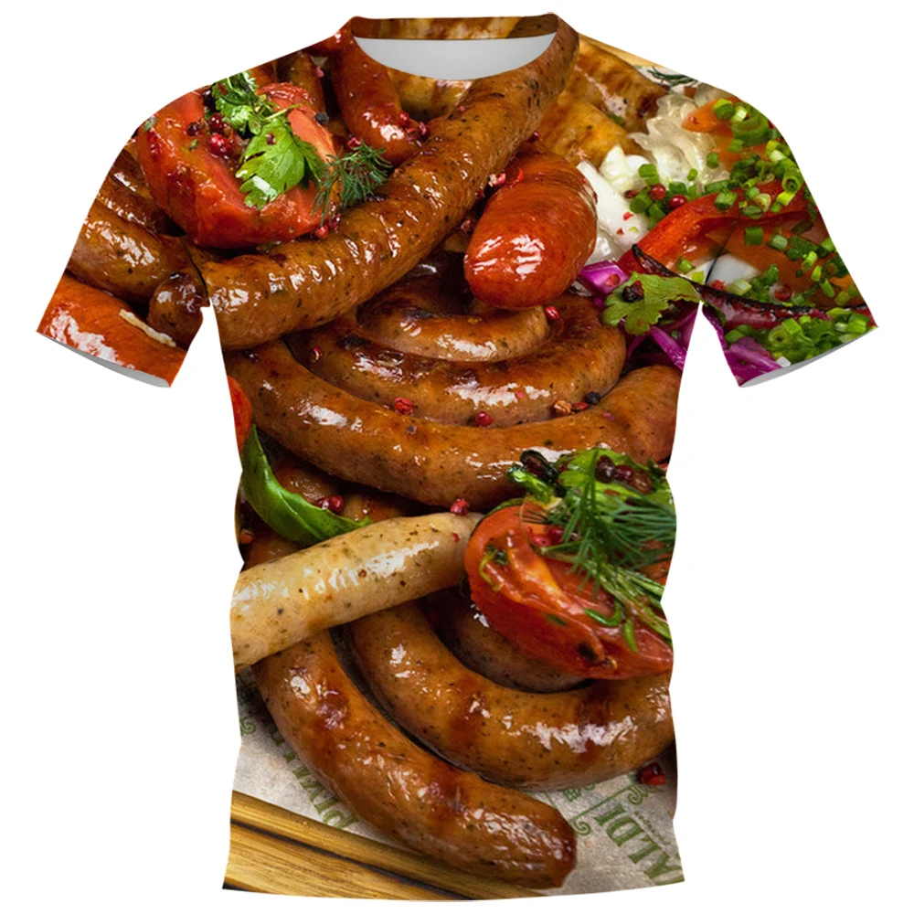 HX  Yummy Food T-shirts 3D Graphic Delicacy Grilled Sausages Pullovers Polyester All Printed Tees Harajuku Men Clothing