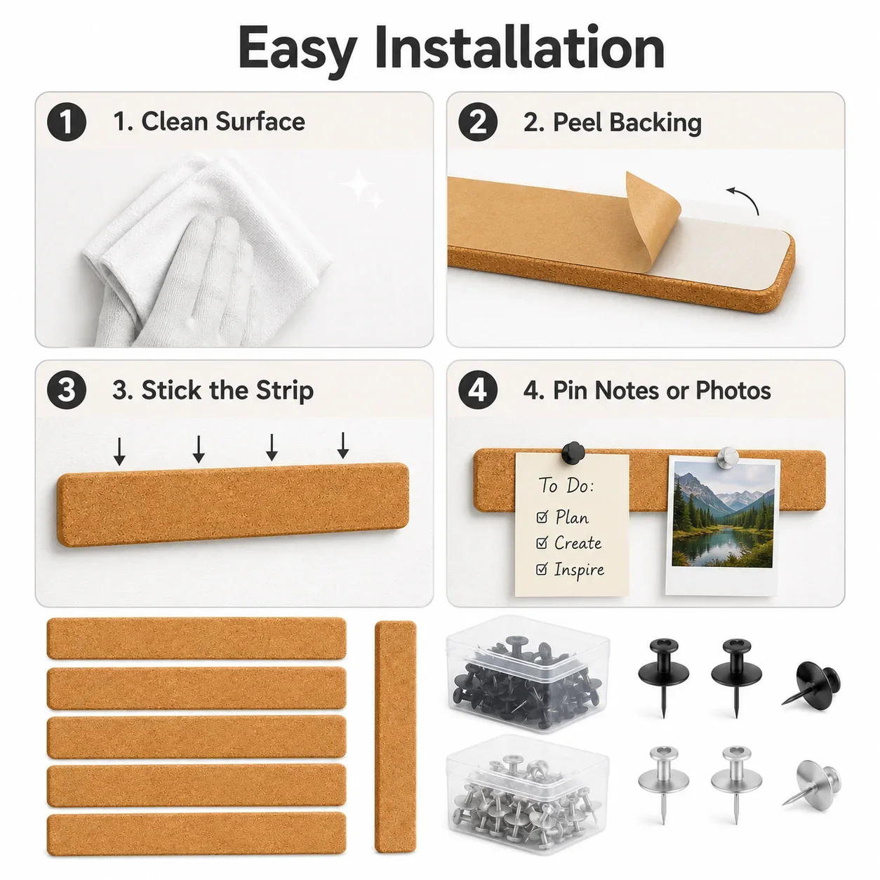 1-3Pcs 30x5cm Self-Adhesive Cork Strip Board, Frameless Bulletin Pin Panel for Memo Photo Display Notice Board