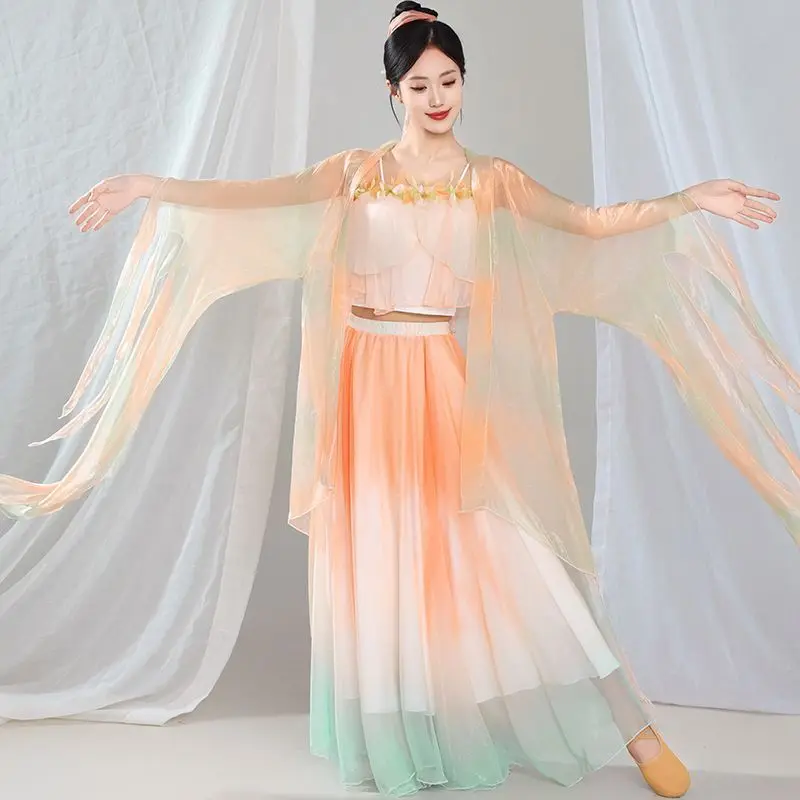 여성을 위한 클래식 댄스 의상, 우아하고 요정 같은 중국 스타일의 큰 소매와 긴 소매, 그리고 우아한