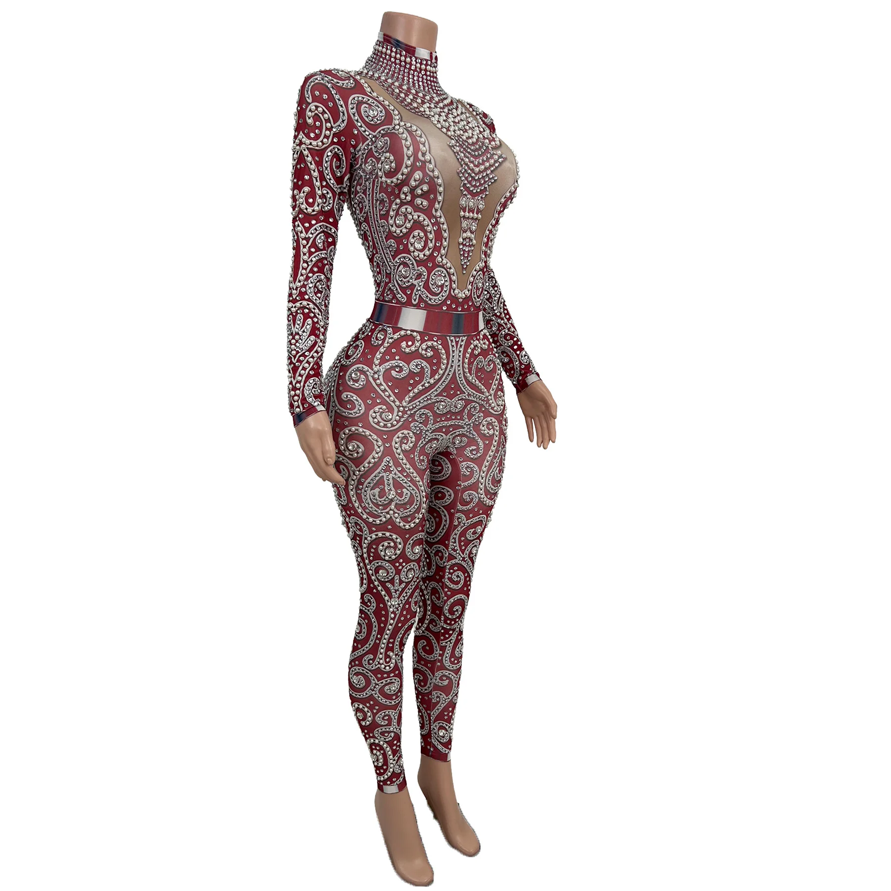 

Sexy Long Sleeves Pearls Rhinestone Jumpsuits Female Party Bodycon Rompers Festival Clothing Women Show Dance One Piece Bodysuit
