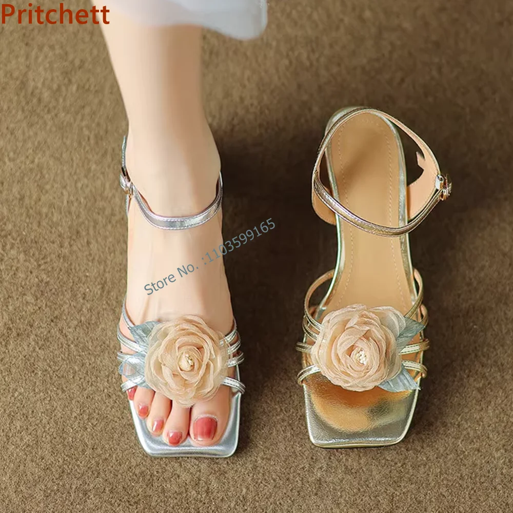 

Flower Square Toe Shoes Strange Style Heel Buckle Strap Mixed Color Women's Sandals Sweet Elegant Summer Dress Shoes