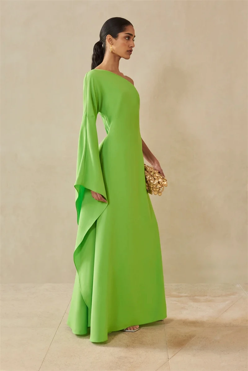 SUMNUS Elegant Green Stretch Satin Mermaid Evening Dresses One Shoulder Flare Sleeve Arabic Women Prom Gowns Formal Dress 2024