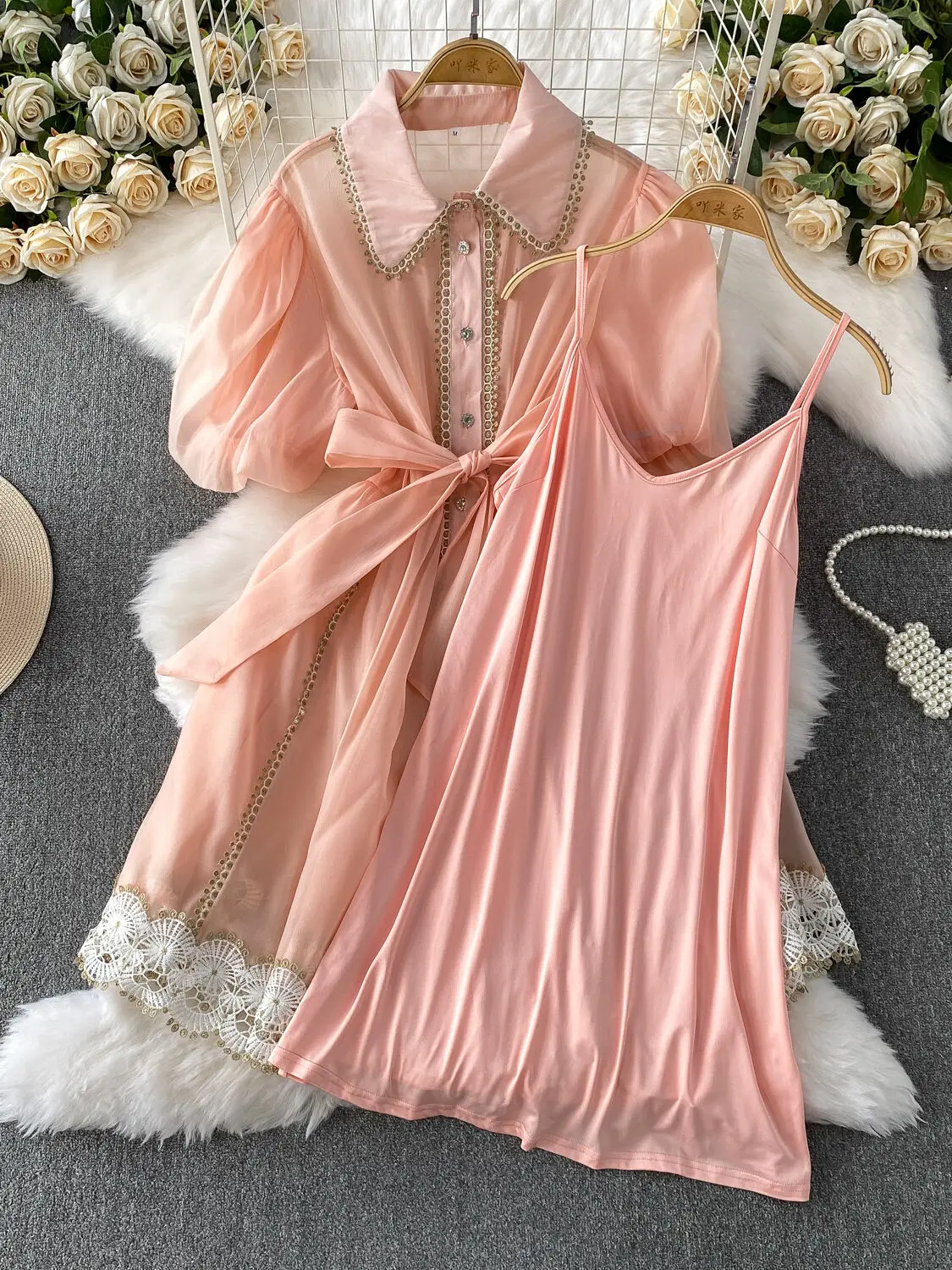 Prinzessin Stil Süße Spitze Stickerei Organza Kurzes Kleid Shirt Frauen Sommer 2-teiliges Set Lässige Elegante Geburtstagsparty Kleider