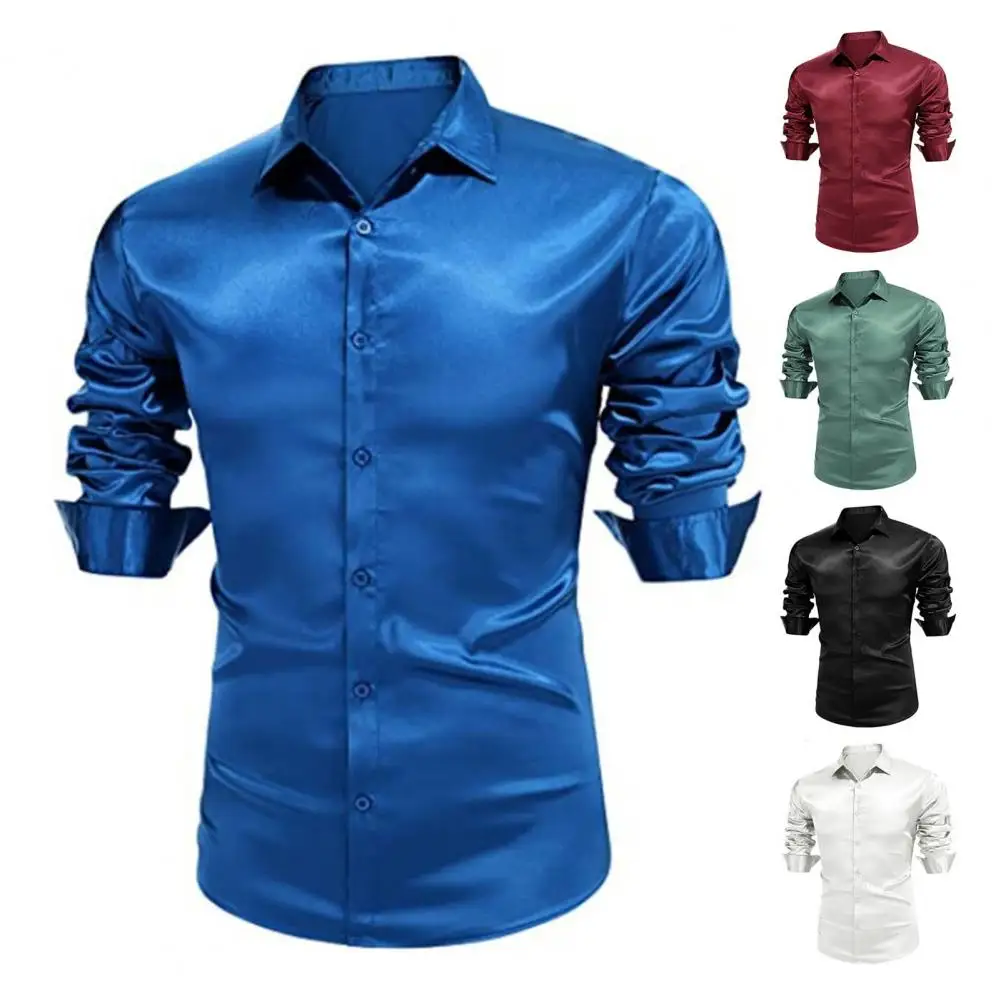 

Для выпускных вечеринок, свадеб, глянцевая поверхность, мужская рубашка, однотонная деловая рубашка с длинным рукавом, приталенная повседневная рубашка на пуговицах, топ