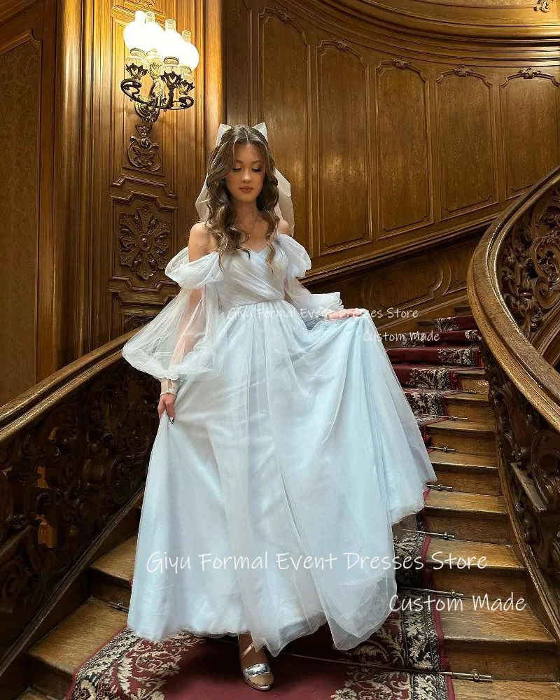 Giyu Elegant Light Blue Tulle Prom Party Dresses Puff Long Sleeves Sweetheart Ankle Length Evening Gowns Graduation Dress