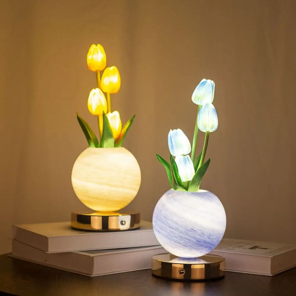 USB Rechargeable Tulip LED Night Light Touch Dimmable LED Light Source Artificial Flower Desk Lamp 3-Color Changing