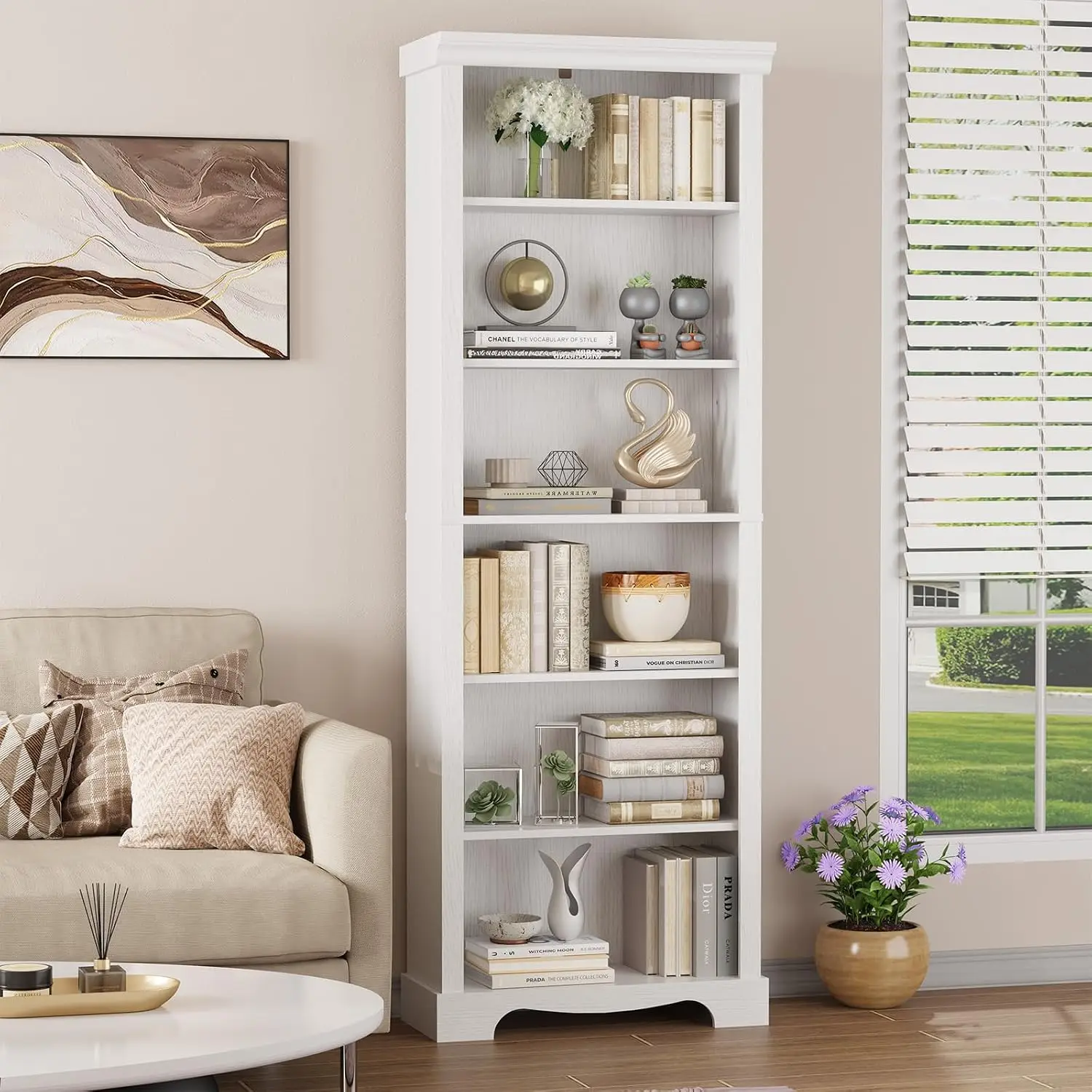 6-Tier Bookshelf, 73 inch Tall White Bookcase with 2 Adjustable Shelves, Anti-Tip Bookshelf, Wide Book Shelf for Study