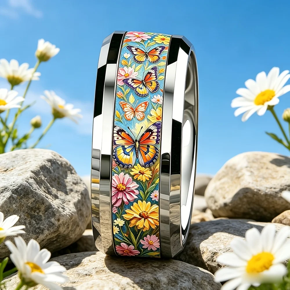Fashion Flower Butterfly Men Stainless Steel Rings With Box Unique Sticker Non-fading Wedding Band Polished Double Bevel Ring
