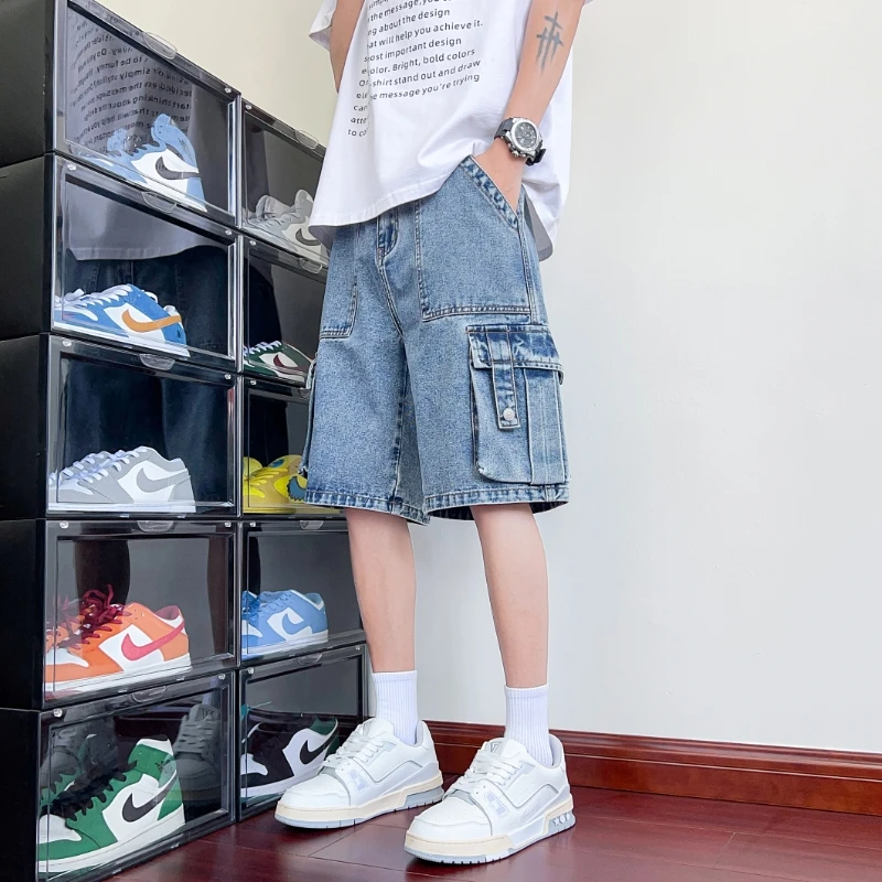 Short en jean à jambes droites pour hommes, multi-poches, ample, respirant, décontracté, vêtements de rue, confort classique, pièce essentielle d'été, M-8XL