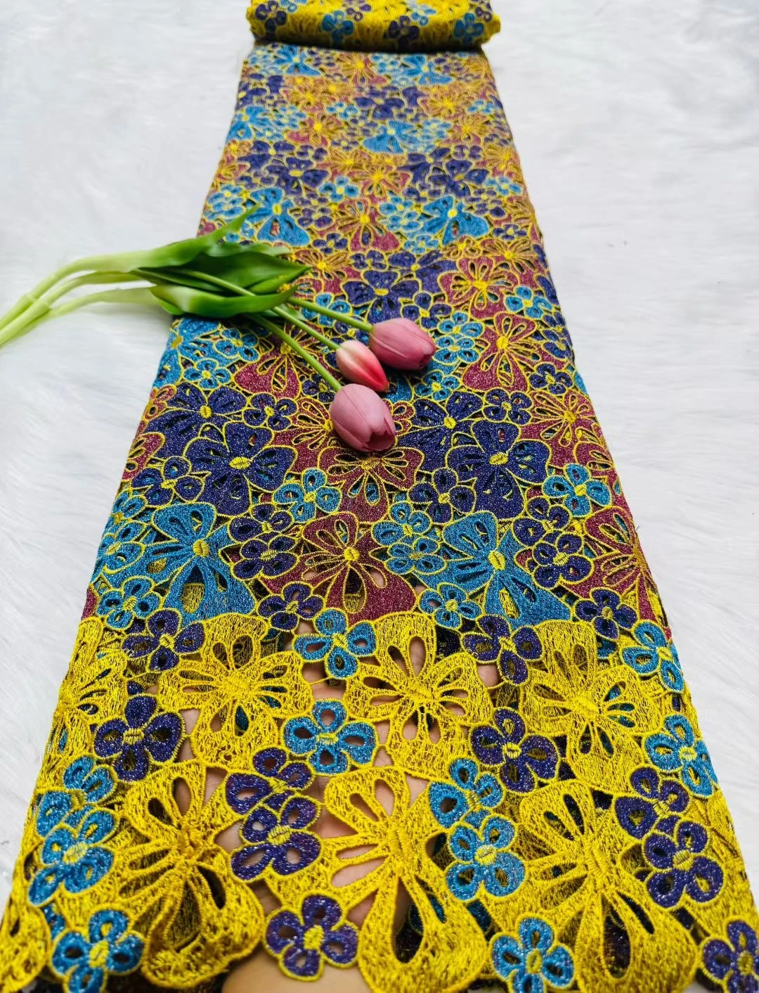 Wasserlösliche Spitze, afrikanischer hochwertiger Guipure-Spitzenstoff, 5 Yard, 2026, mehrfarbig, luxuriöse bestickte Kordelspitze für Partykleid