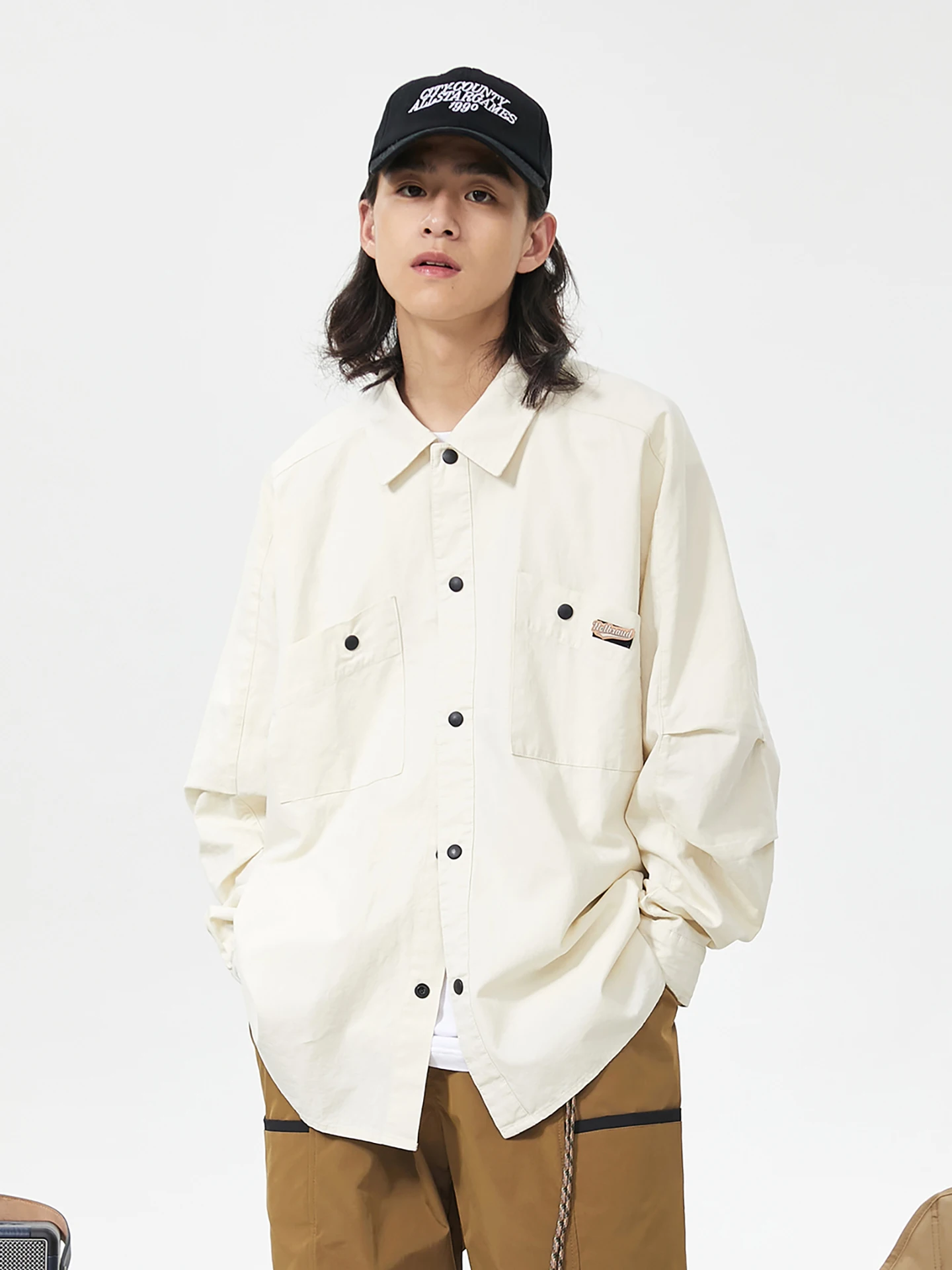 

Retro Japanese Sle Magic Tape ket Collar irt Spring New Casual Waed Workwear irt for Couples Loose Fit Cotton Yout...