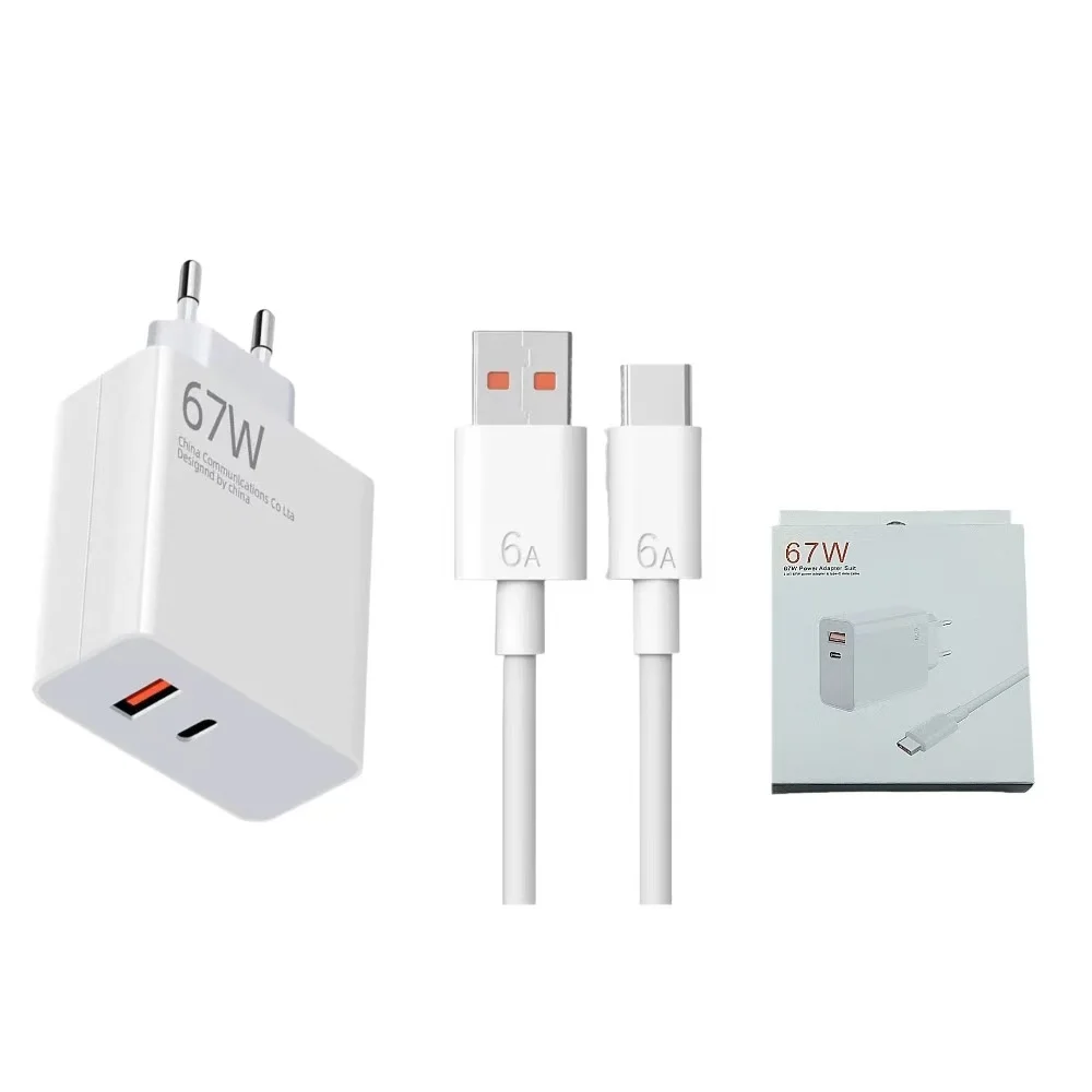 67W EU GaN USB A USB C Dual Port Charger 6A Fast Charging Cable for Xiaomi Poco X6 Pro X5 F5 Mi 14 13 12s Redmi K60 K50 K60E