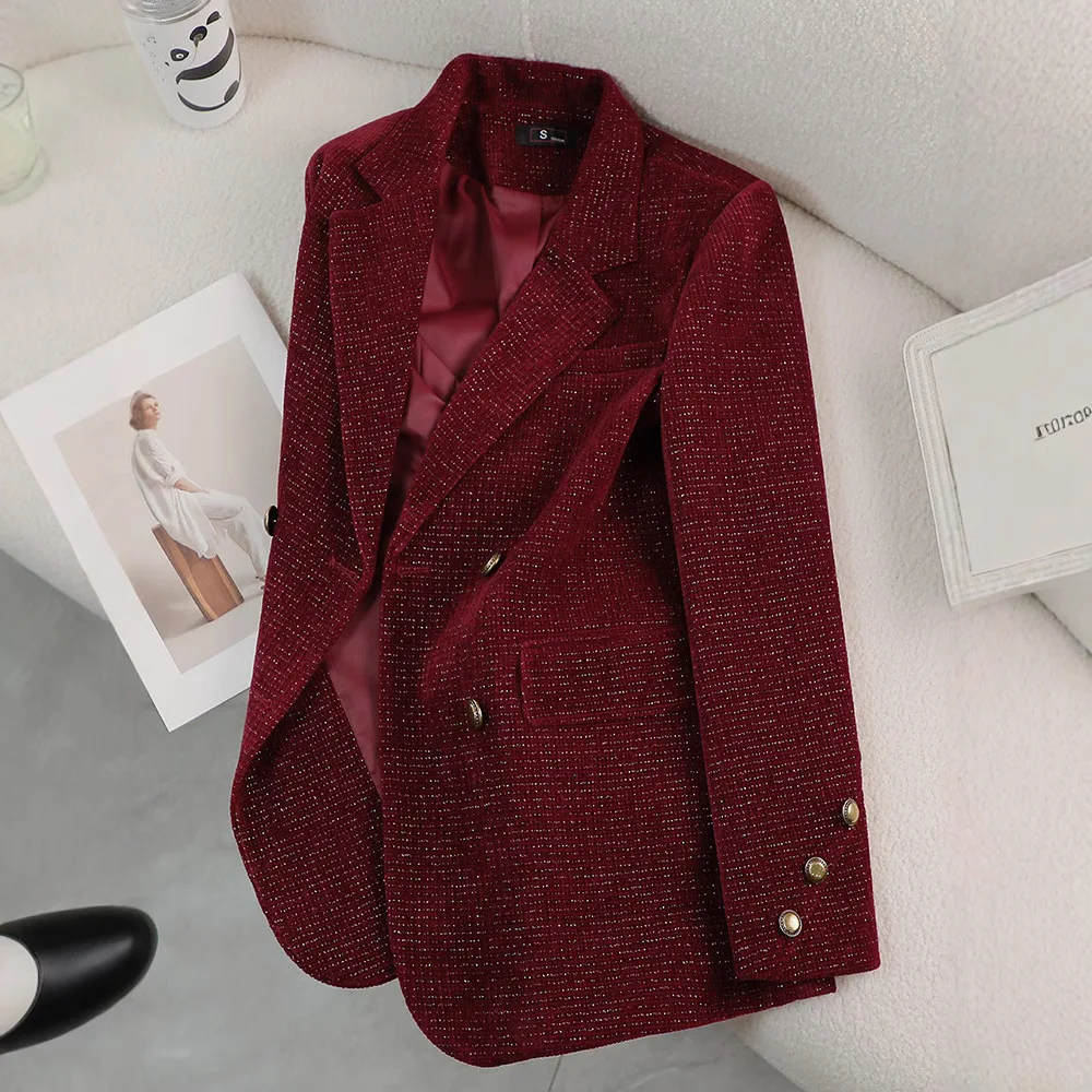 

Autumn Winter Women Corduroy Blazer New Fashion Double-breasted Long-sleeved Suit Jacket Ladies Office Formal Blazers Female Top