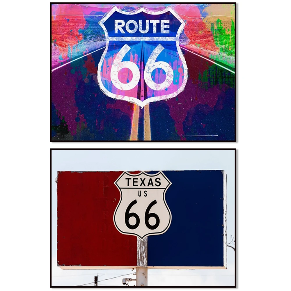 Sign on old US Route 66 in Texas, classic American highway poster, house entrance decoration, American road trip stop decoration