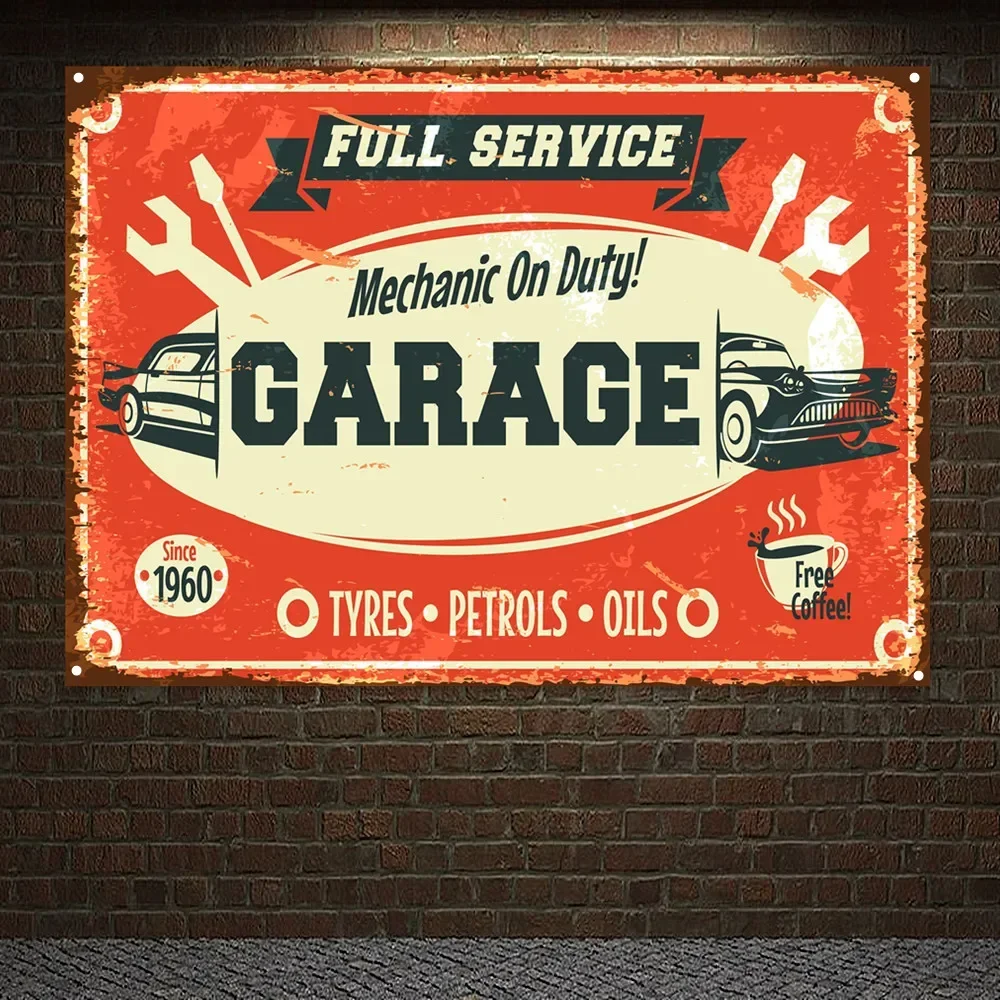 FULL SERYICE GARAGE Vintage Car SERVICE Poster Wall Art Painting Auto Repair Shop Gas Station Wall Decor Banner Tapestry Flag