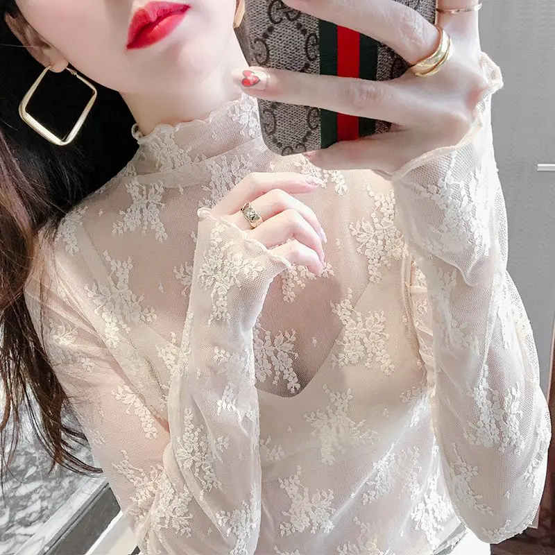 

Lace Base irt See tough f High Collar Me Slim Fit Top Autumn Winter New Sle Outerwear T irt Faion Inner Wear S...