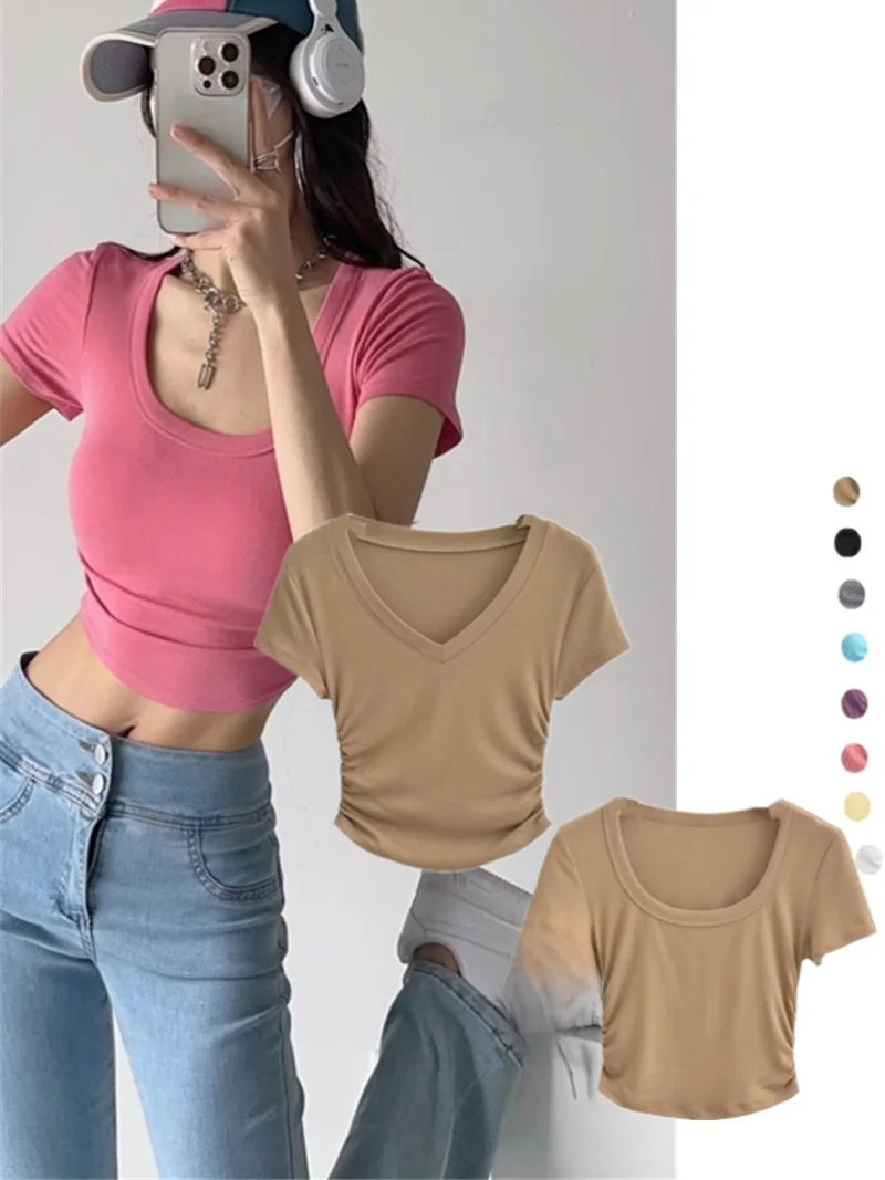 

Sexy ort Sve T-irt High Waist Dstring Bone Exposure Slim Fit Base Layer High Waist Top Street Sle U-Ne Pure Color