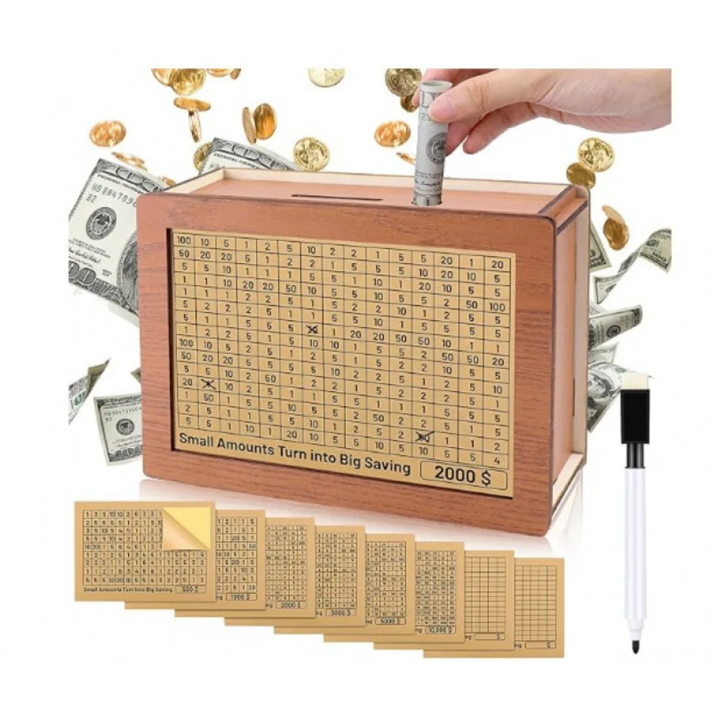 Dollar Euro Money Box Wooden Piggy Bank with Reusable Money Box with Saving Goal and Numbers Boxes