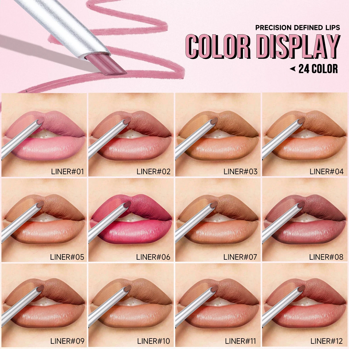 24색 매트 립 라이너, 오래 지속되는 내추럴 효과 펜슬, 모든 피부 타입용, 논스틱 컵 립 메이크업