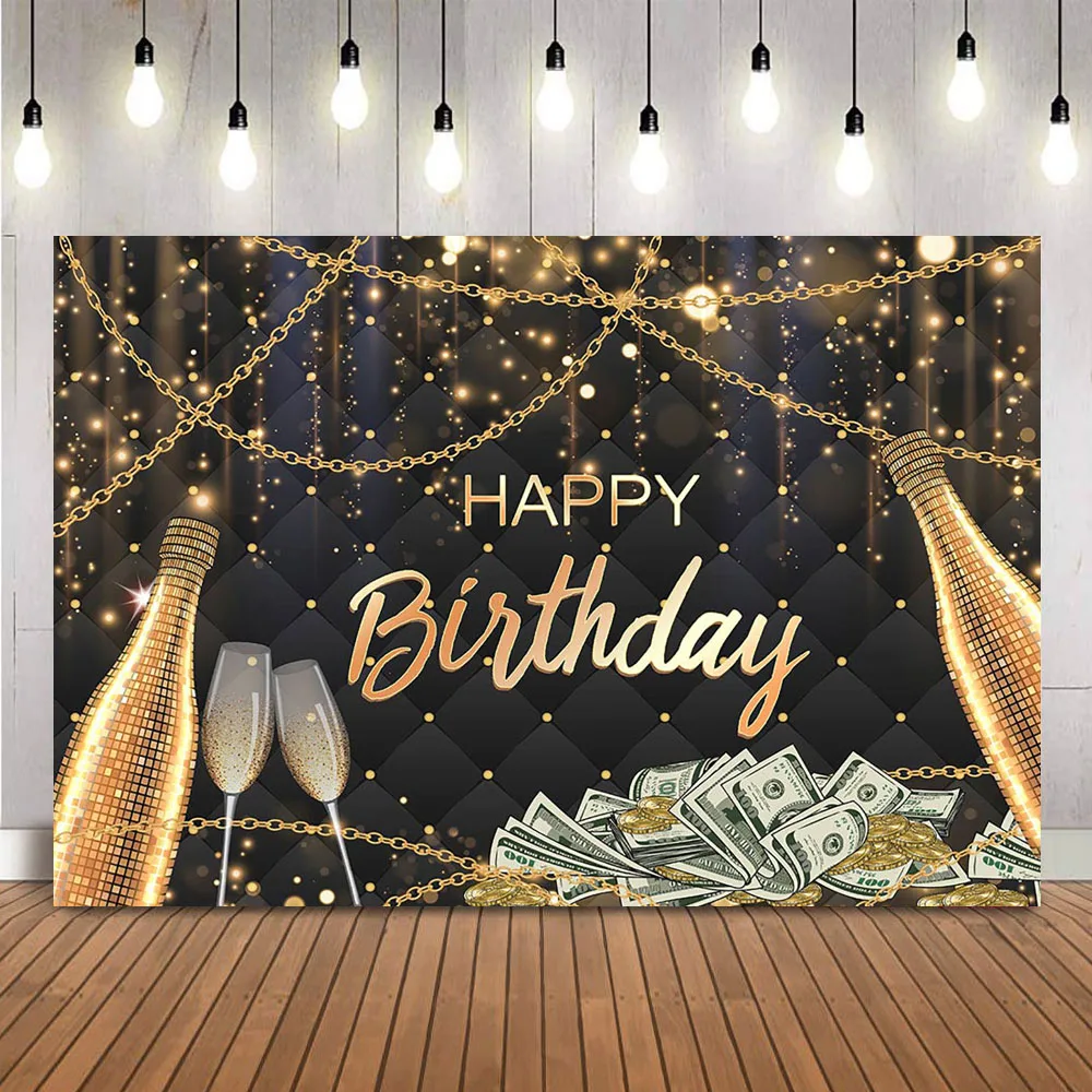 Happy Birthday Gold Glitter Shining Background Black Champagne Gold Photo Backdrop Large Gold Chain and Banknotes Decorations