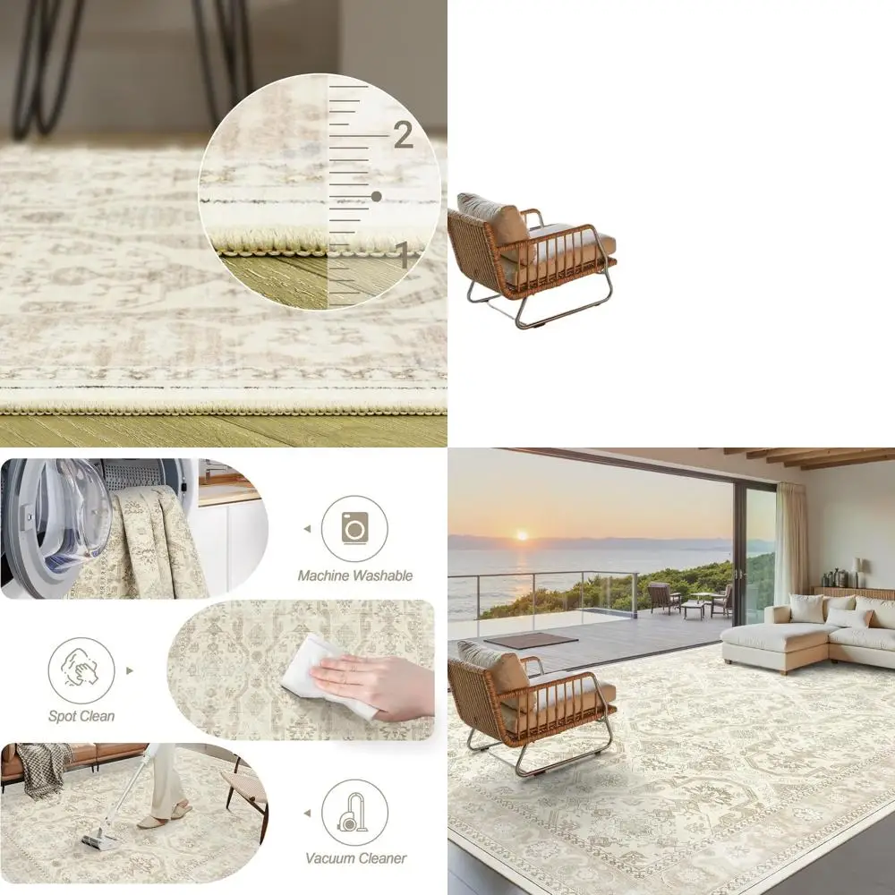 

Large Beige Area Rugs, Stain Resistant and Washable, Ideal for Living Room, Bedroom, and Dining Room, Vintage Farmhouse Style