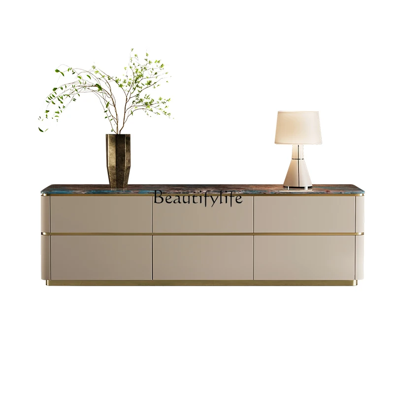 

Italian minimalist TV cabinet light luxury marble simple high-end leather floor solid wood locker