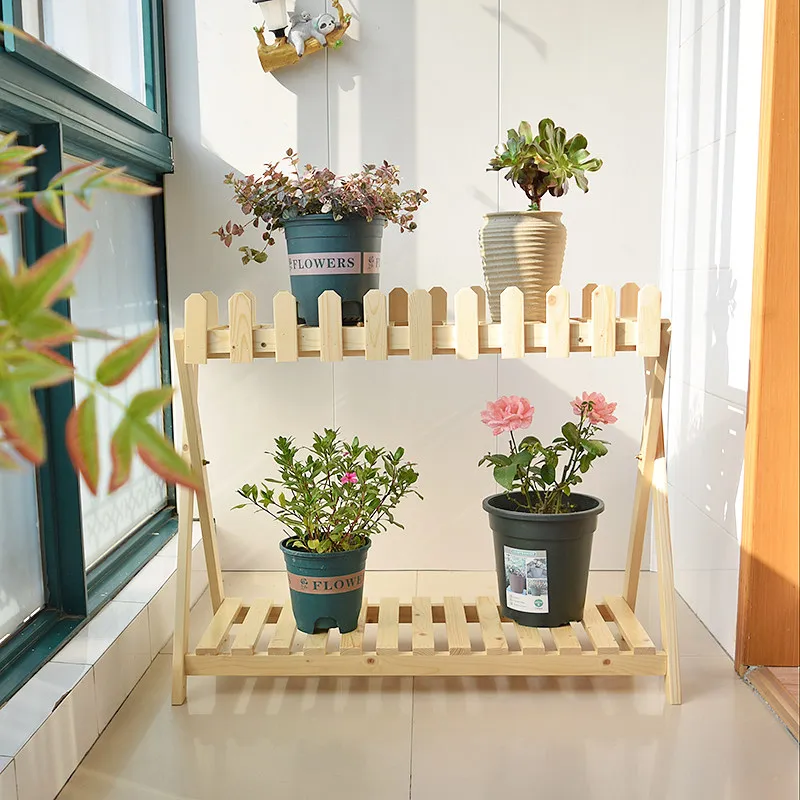 Mobile Solid Wood Flower Stand, 2 Tier Balcony Plant Rack, Triangular Fence Succulent Shelf, Silent Swivel Wheel Eco Paint Pot