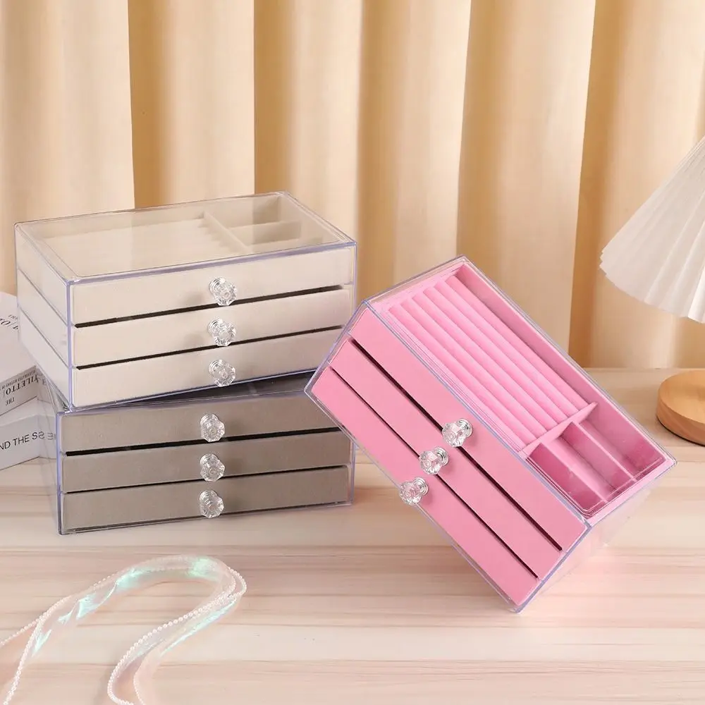 

Hollow Tray 3-Tier Jewelry Storage Box Transparent Square Flannel Jewelry Box Dust-proof Plastic Earrings Jewelry Box Home