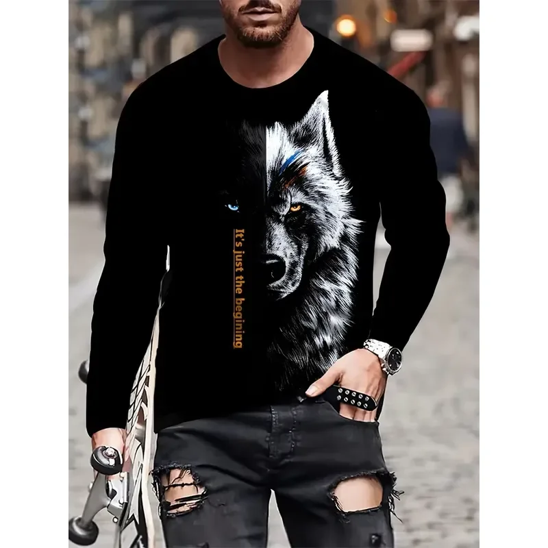 3D Long Sleeve 2026 New Wolf Print Men T Shirt Spring Autumn Casual Streetwear Fashion Tops Male Daily Wear Tee 2026