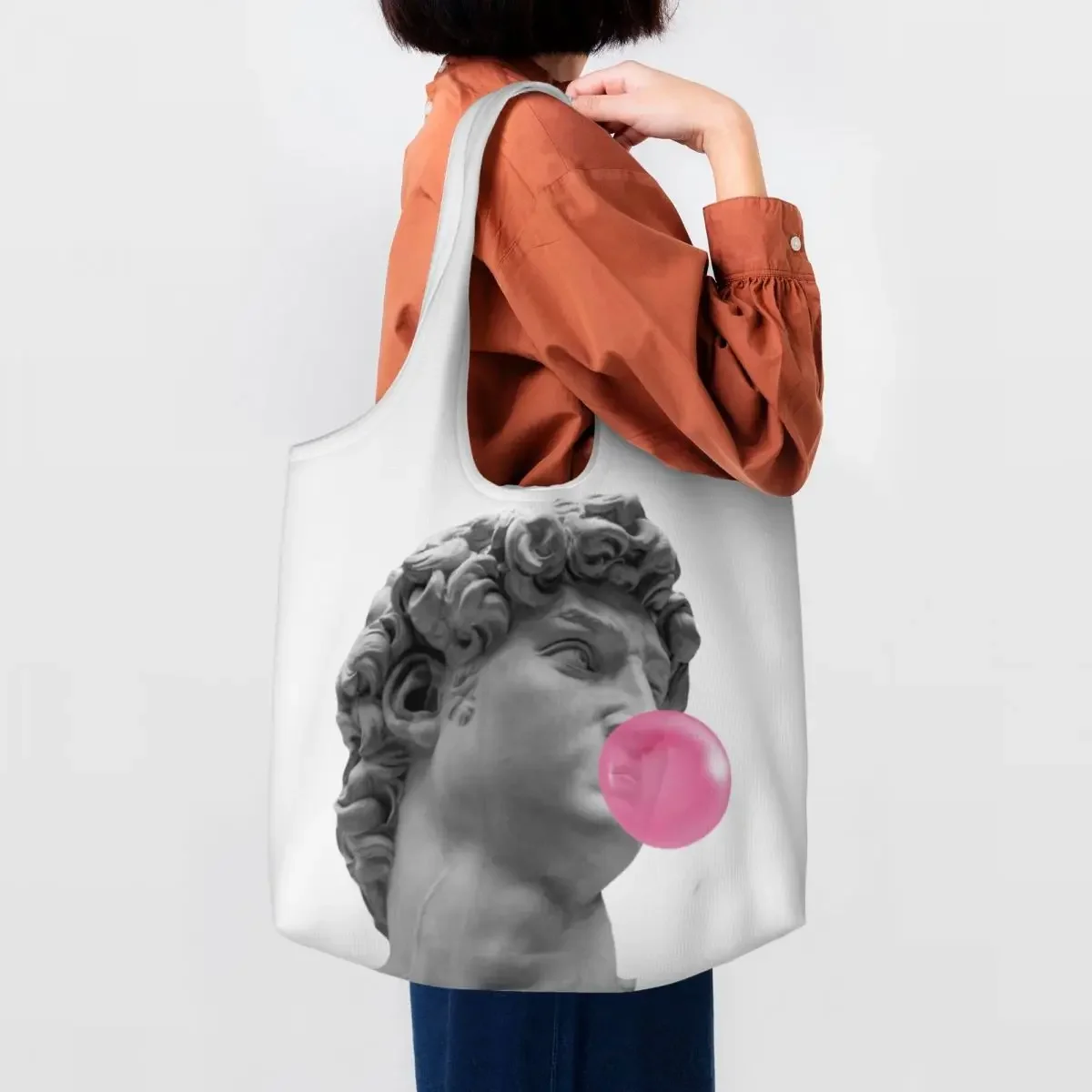 David Michelangelo Bubble Gum Groceries Shopping Bags Printed Canvas Shopper Shoulder Tote Bags Large Capacity Washable Handbag