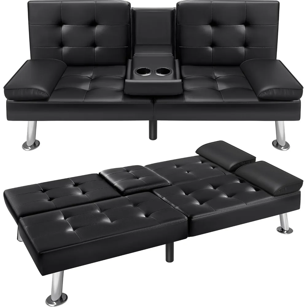 VICTONE Futon Sofa Bed Modern Faux Leather Couch Bed Convertible Folding Recliner for Living Room with 2 Cup Holders and Armrest