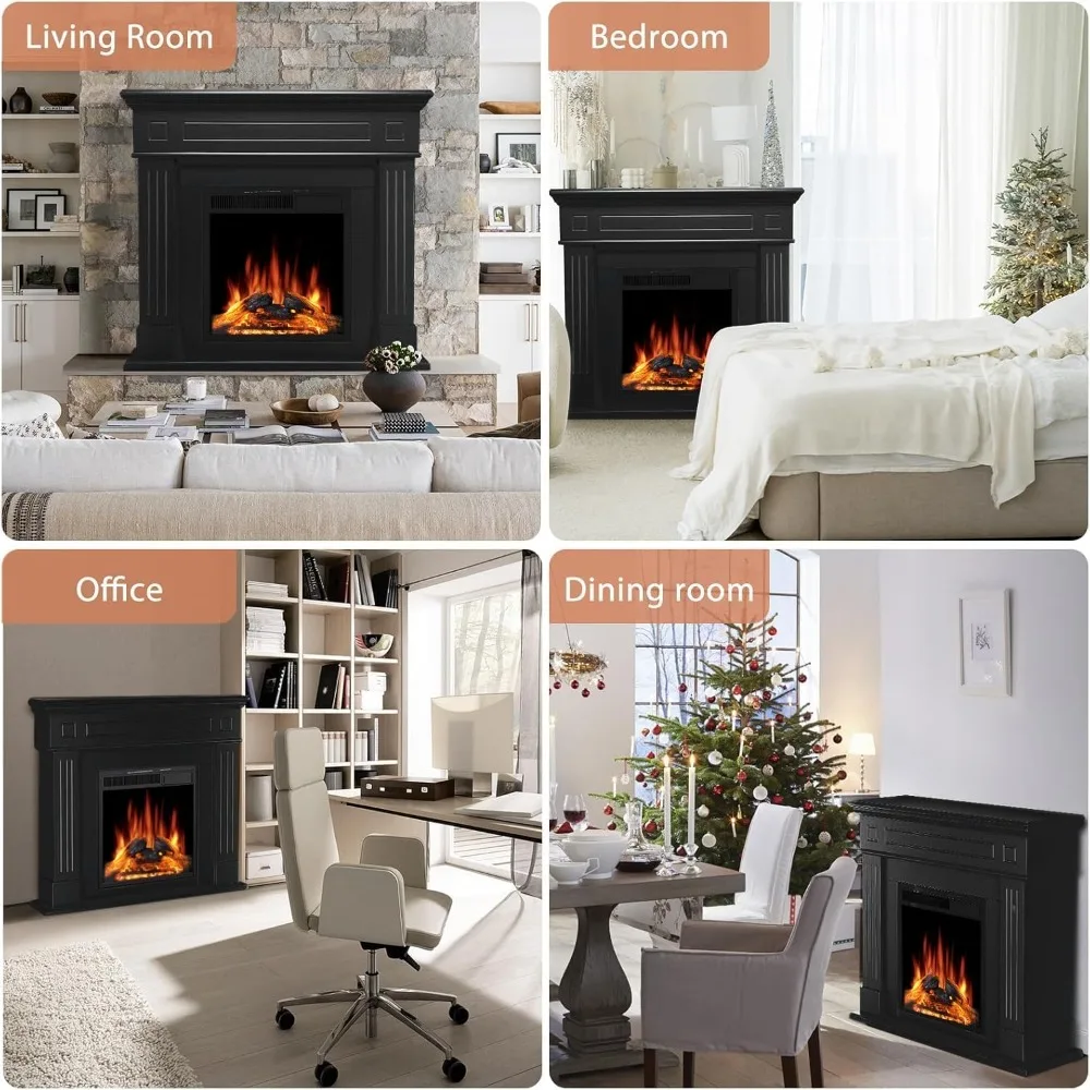 Lareira elétrica de 44" com mantel surround, aquecedor de lareira autônomo LED de 750 W/1500 W com chama realista, ajustável