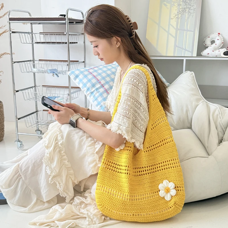 3D-Blumen-Hohlstrick-Umhängetasche, Koreanische Damen-Handtasche in Süßer, Niedlicher Einfarbiger Ausführung, für Pendeln und Freizeitreisen – Detail 10