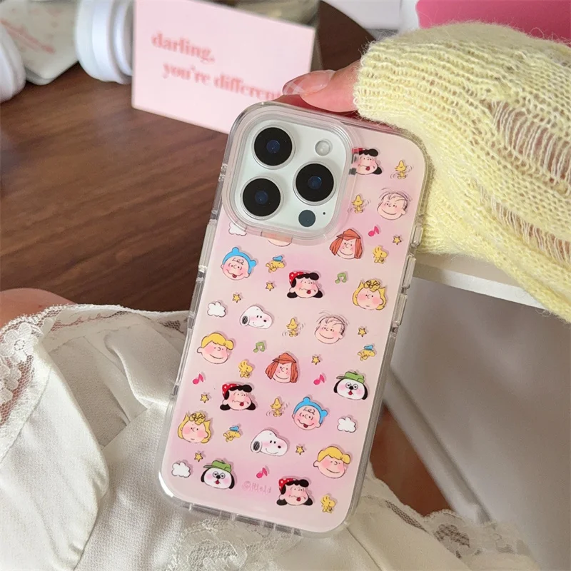 Engraçado dos desenhos animados bonito snoopy charlie marrom uma família feliz capa de telefone para iphone 13 14 15 16 pro max gradiente rosa snoopy caso