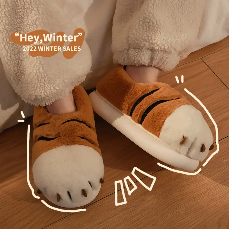 Cute Tiger Paw Plush Slippers Women Men Winter Fluffy House Shoes Thick Sole Warm Anti Slip Indoor Bedroom Couple Funny Slippers