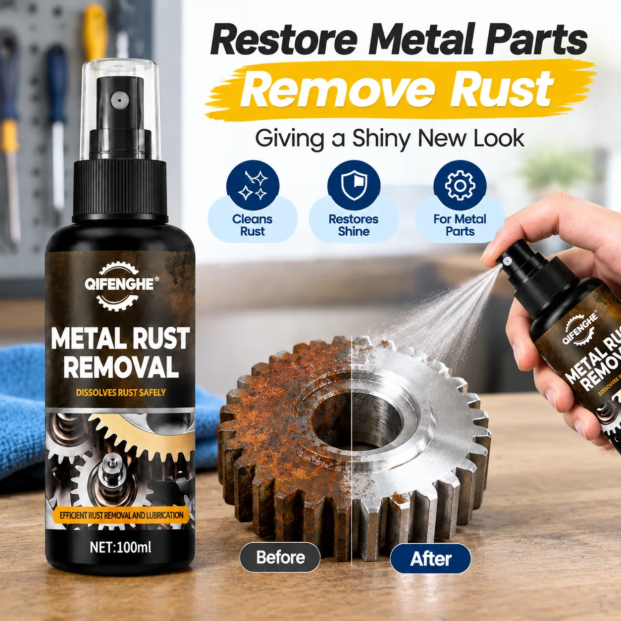 QIFENGHE Metal Rust Removal Spray 100ml, Efficient Rust & Oxidation Remover, Lubricating Cleaner for Gears Hardware Metal Parts,