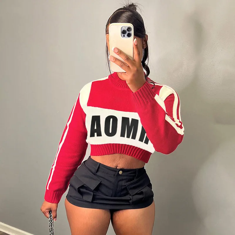 Round neck sweater with exposed navel short sleeve for women knitted sweater with letter autumn/winter women's clothes sweater