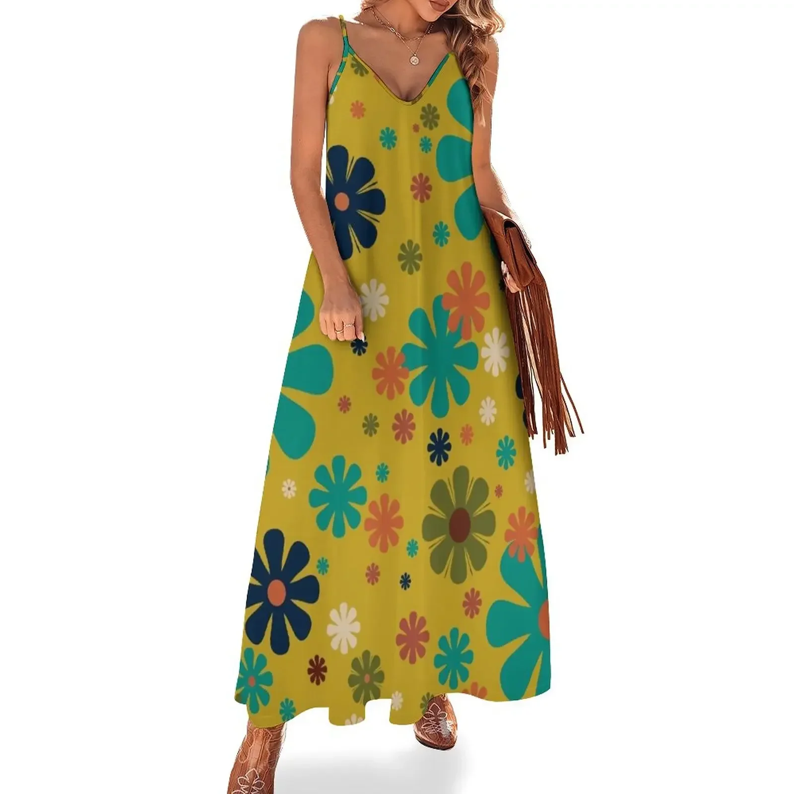 

Flowerama - Retro 60s 70s Floral Pattern in Mid Mod Turquoise Teal, Khaki Green, Orange, Beige, and Mustard Sleeveless Dress