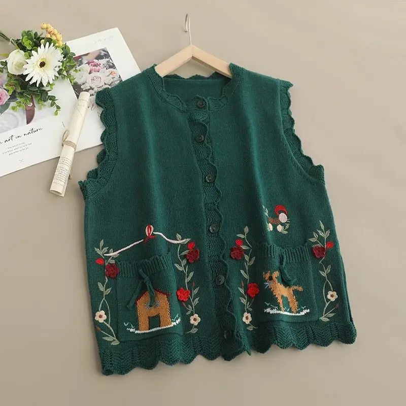 Kimotimo Mori Girls Embroidery Knit Vest Women Autumn Winter Single Breasted Sleeveless Sweater Vintage Sweet Waistcoat Cardigan