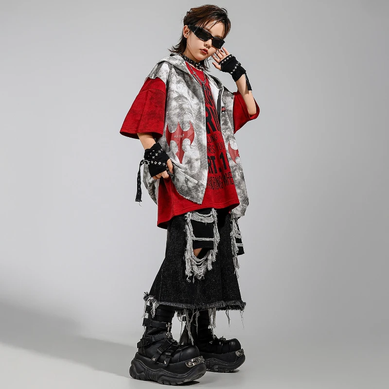 Jungen Hip Hop Kostüm Mädchen Jazz Dance Mode Kleidung Kapuzenweste Schwarz Zerrissene Shorts Street Dance Trommel Bühnenkleidung