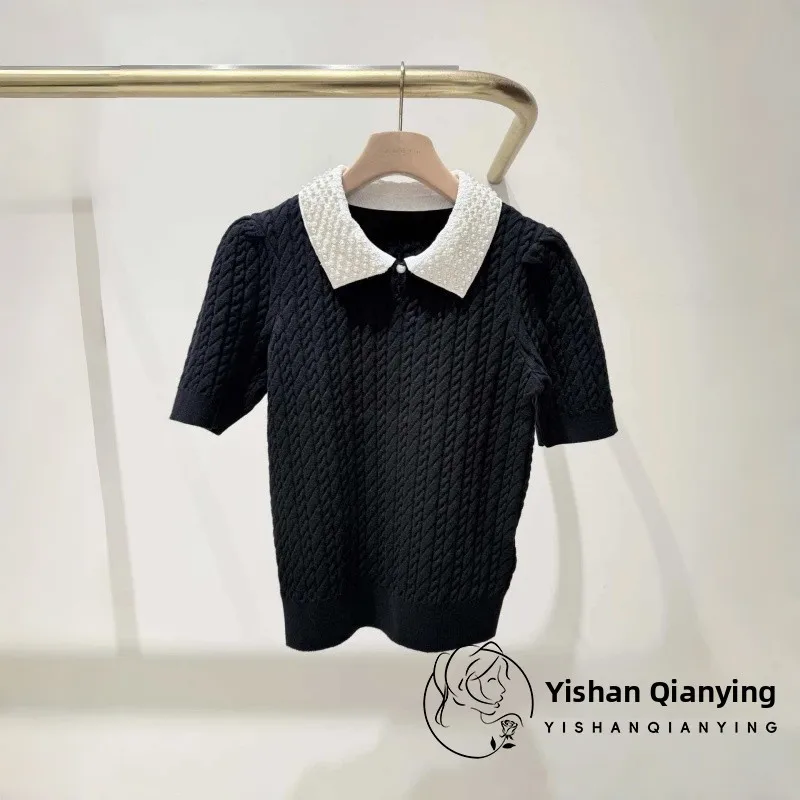 

Pearl Collar Bubble Sve Knitted Top Women's Faion Spring 2026 Medium Softn French Sle Slim Fit Bubble Kni...