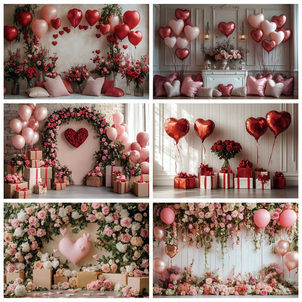 Valentine's Day Photography Background February 14th Retro Wall Love Balloons Rose Flower Bride Wedding Lovers Portrait Backdrop