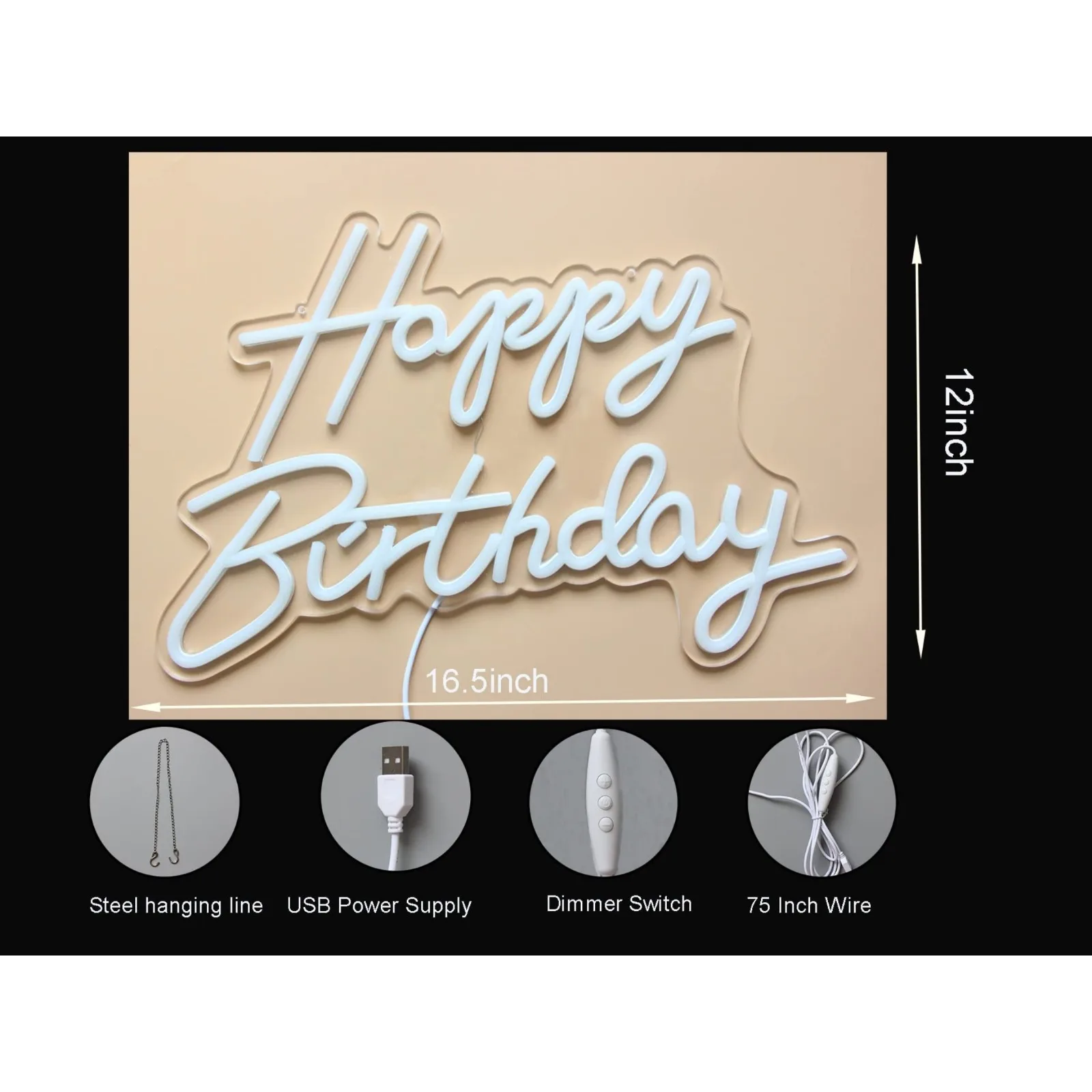 LED Neon Happy Birthday Sign Night Light, Decorações para festas, Branco, USB operado, Contexto decorativo para o quarto