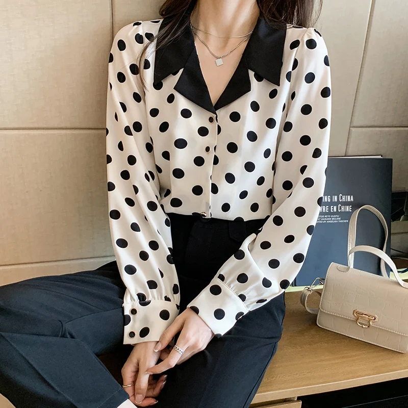 Casual Print Polka Dot Chiffon Blouses Women 2024 Spring Long Sleeve Ladies Tops Peter Pan Collar Shirt Clothes