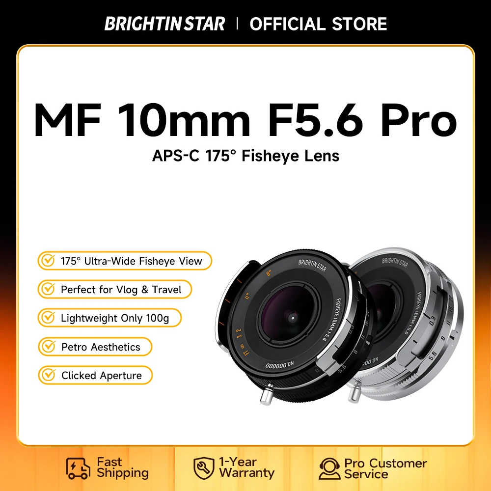 

Brightin Star 10mm F5.6 Pro APS-C Fisheye 175° Ultra-Wide Manual Focus Lens for Fuji XF Sony E Nikon Z Canon EF-M M43 Cameras