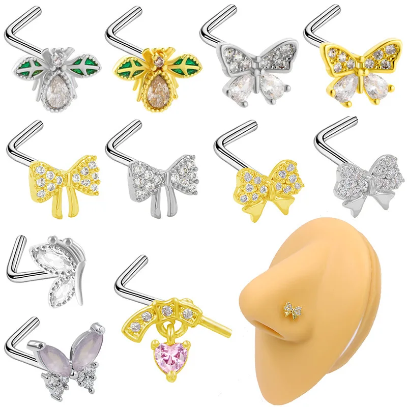 Pink Cubic Zircon L-Bend Nose Stud Butterfly Nose Ring Bow Love Piercing Nose Rings for Women Fashion Body jewelry