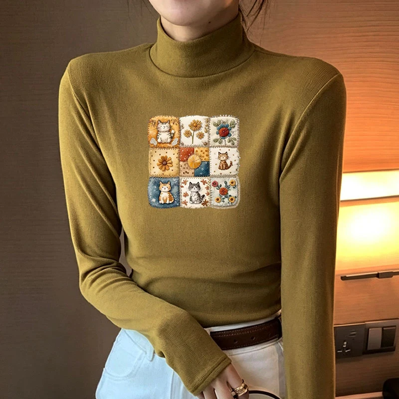 2026 New Autumn Winter Thermal Brushed Fleece Long Sleeve Graphic Print T shirt Blouses Female Warm Shirt Women Top