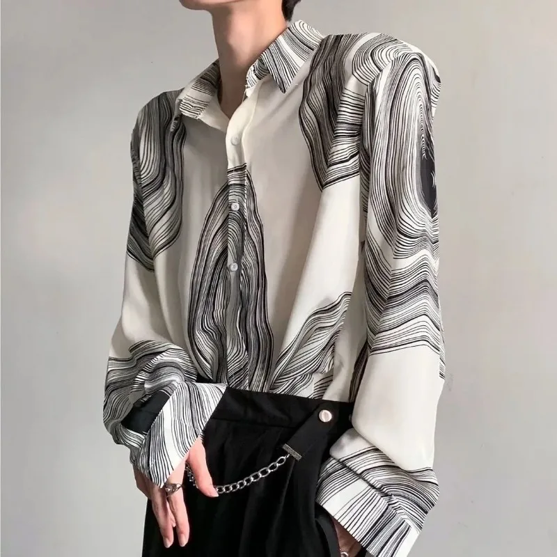 Men Abstract Wave Print Shirt Suit Loose Luxury Shirt Straight Pants Two Piece Outfit Spring Casual Wear