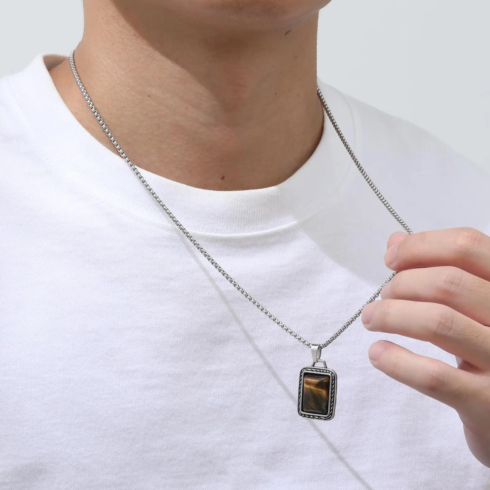 Tiger Eye Stone Pendant Necklaces for Men Boys,Brown Natural Stone Square Pendant Necklaces,Vintage Punk Jewelry Gift